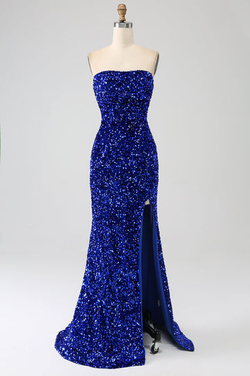 Blu Reale Sirena senza spalline paillettes abito lungo da ballo con fessura